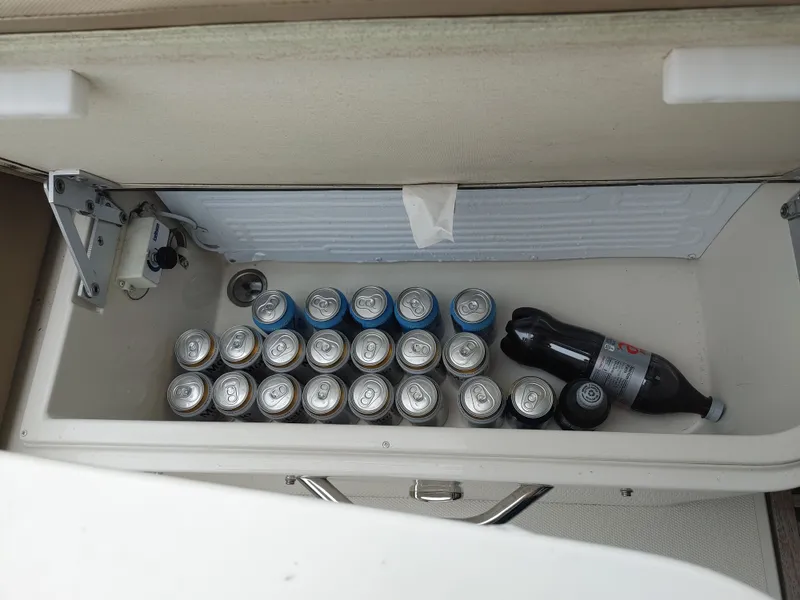 Slide: The Image of Cooler in 2018 Carver C34 Coupe filled with soda cans and a large bottle. - 15