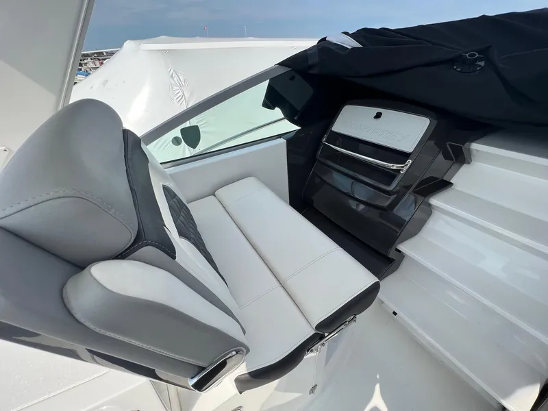 Slide: The Image of 2020 Monterey 345 SY boat interior with sleek seating and modern design. - 24