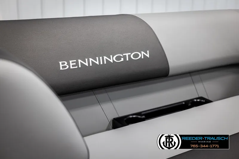 Slide: The Image of 2025 Bennington 21 SLSE boat seat with logo, featuring sleek gray upholstery. - 35
