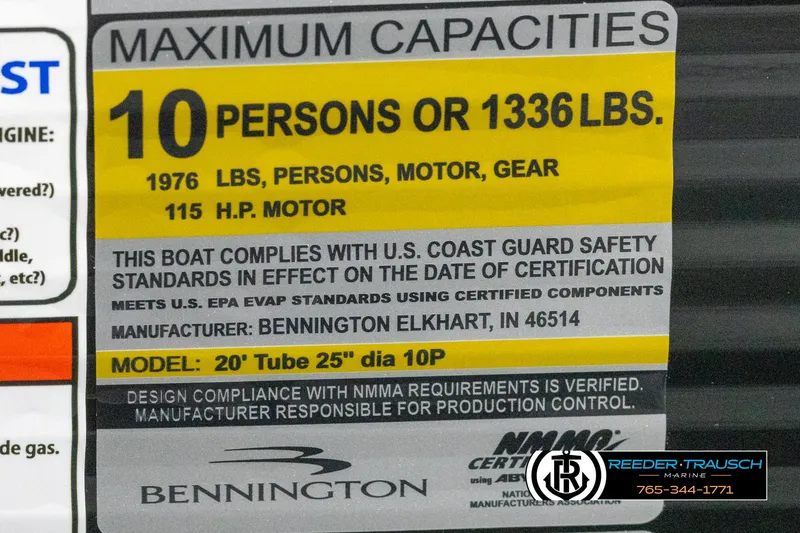 Slide: The Image of 2025 Bennington 21 SLSE boat capacity label, 10 persons or 1336 lbs, 115 HP motor. - 47