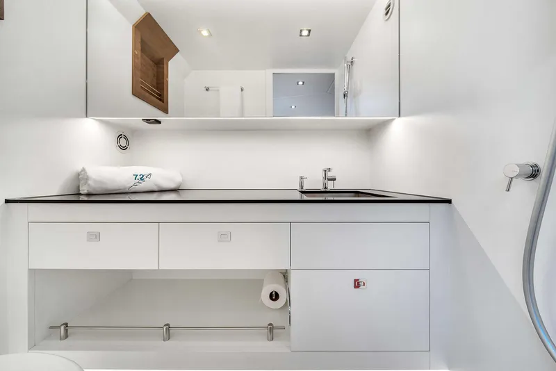 Slide: The Image of Luxury bathroom interior of 2021 Vanquish Yachts VQ 45, featuring sleek design and modern fixtures. - 42