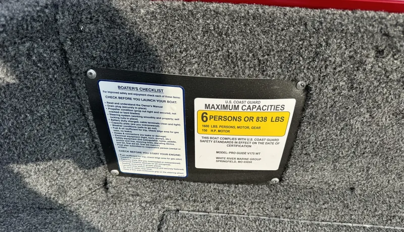 Slide: The Image of 2025 Tracker Pro Guide V-175 WT capacity label, 6 persons or 838 lbs limit. - 6