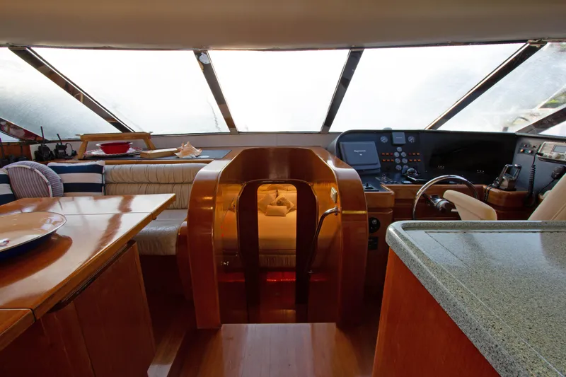Slide: The Image of Interior of 1999 Johnson 70 Motor Yacht with modern helm and seating area. - 23
