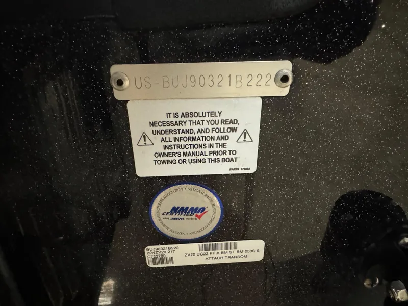 Slide: The Image of 2022 Nitro ZV20 boat warning label and identification plate. - 7