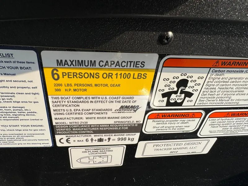Slide: The Image of Capacity label for 2024 Nitro ZV20 boat: 6 persons or 1100 lbs. - 17