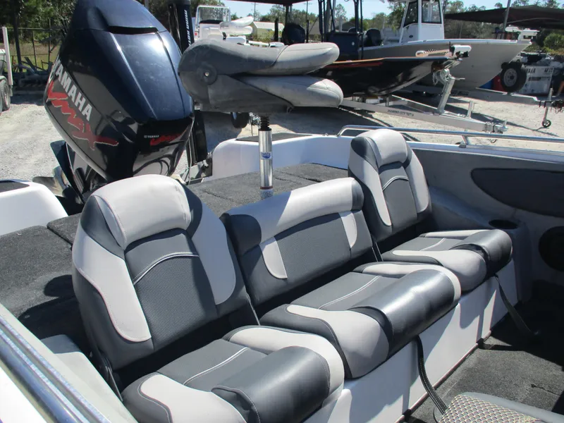 Slide: The Image of 2008 Skeeter 190 SKI FISH SL190 boat interior with Yamaha motor, featuring comfortable seating. - 11