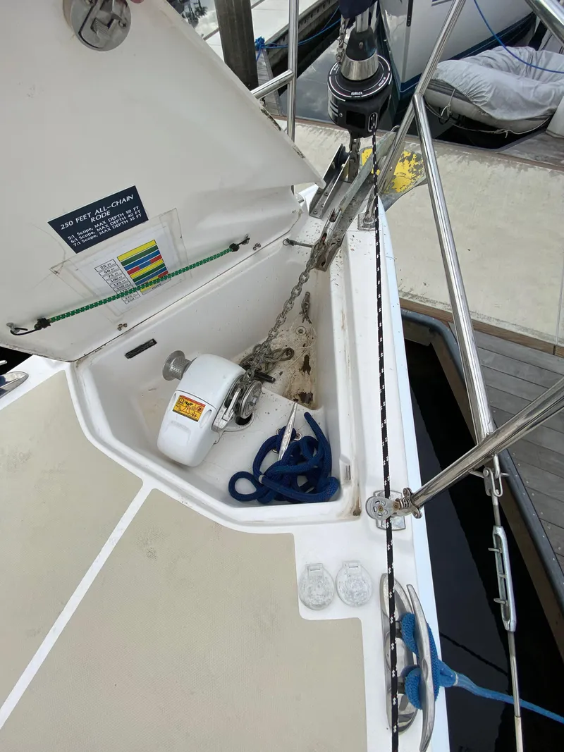 Slide: The Image of 2014 Marlow-Hunter 40 sailboat anchor locker with chain and rope. - 23