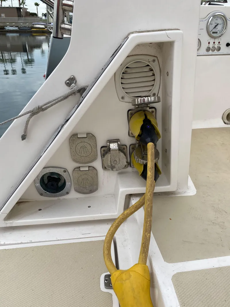 Slide: The Image of 2014 Marlow Hunter 40 sailboat deck with power connections and equipment. - 33