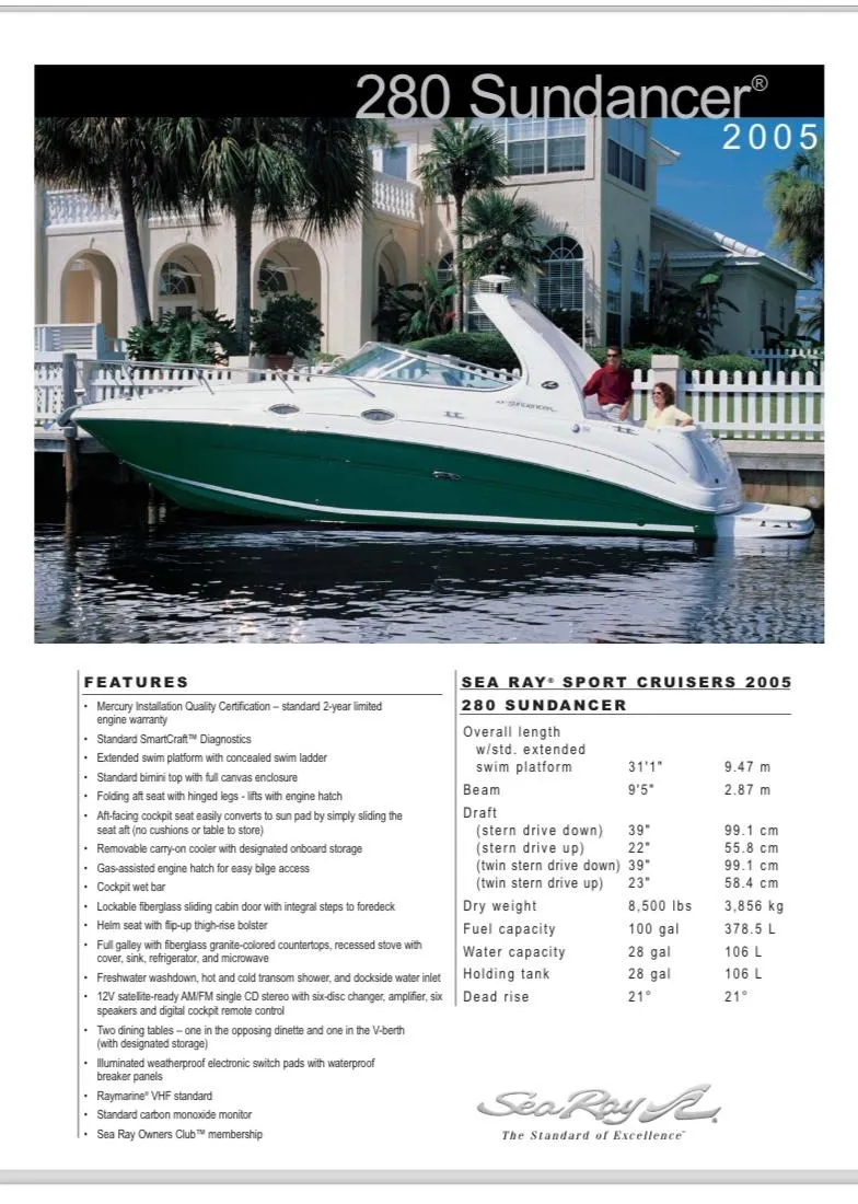 Slide: The Image of 2005 Sea Ray 280 Sundancer boat brochure with features and specifications. - 13