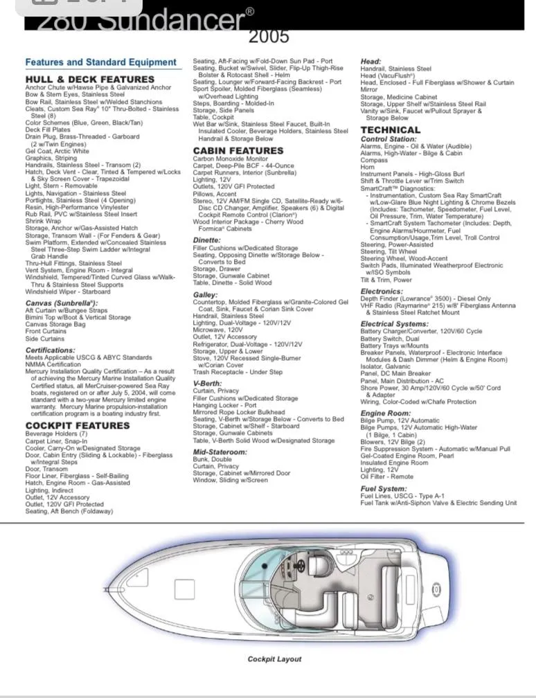Slide: The Image of 2005 Sea Ray 280 DA features and specifications with cockpit layout diagram. - 14