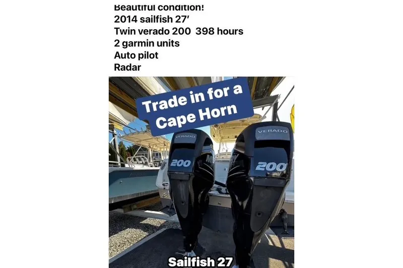 Slide: The Image of 2014 Sailfish 270 CC with twin Verado 200 engines, 398 hours, Garmin units, autopilot, radar. - 7