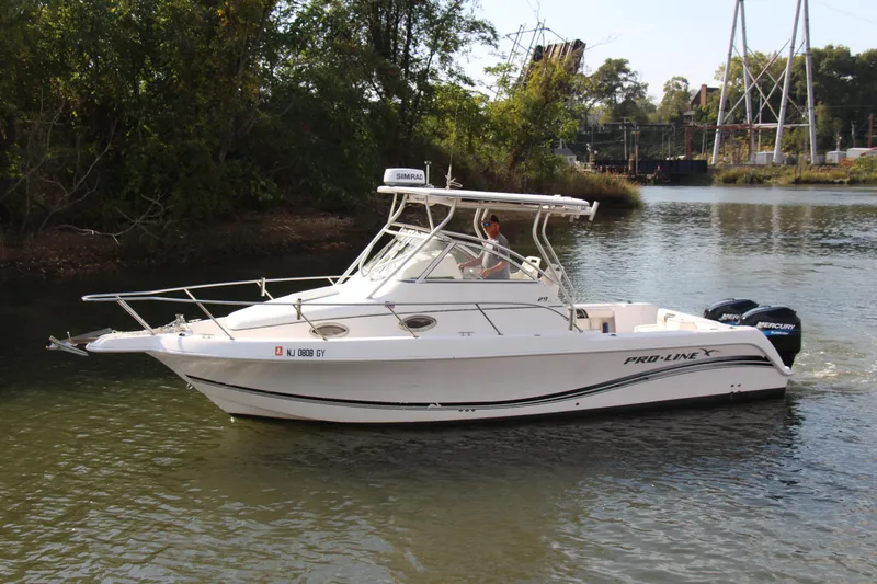 The Image of 2005 Pro-Line 29 Express boat cruising on a calm river. - 1