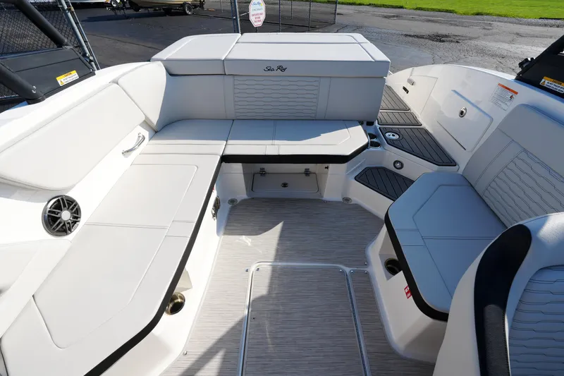 Slide: The Image of Luxurious seating area on 2025 Sea Ray SPX 230 boat, featuring sleek design and modern amenities. - 23