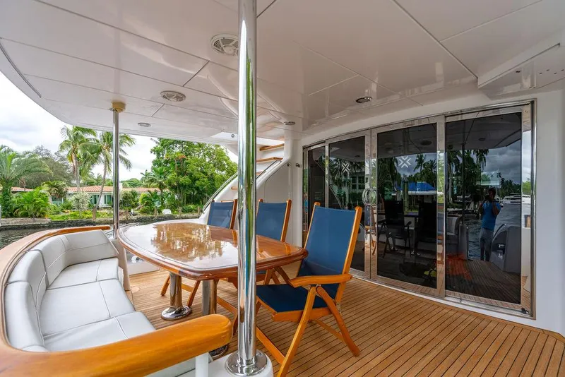 Slide: The Image of 2007 Hatteras Enclosed Flybridge yacht deck with seating and dining area. - 4