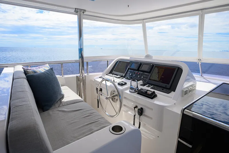 Slide: The Image of Hargrave 100 Raised Pilothouse 2018 yacht helm with ocean view and modern controls. - 15