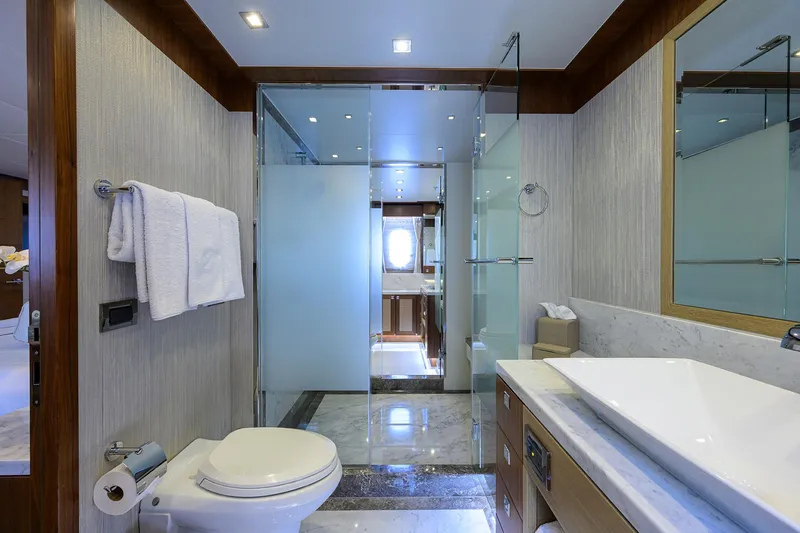 Slide: The Image of Luxurious bathroom in 2018 Hargrave 100 Raised Pilothouse yacht with modern fixtures. - 48