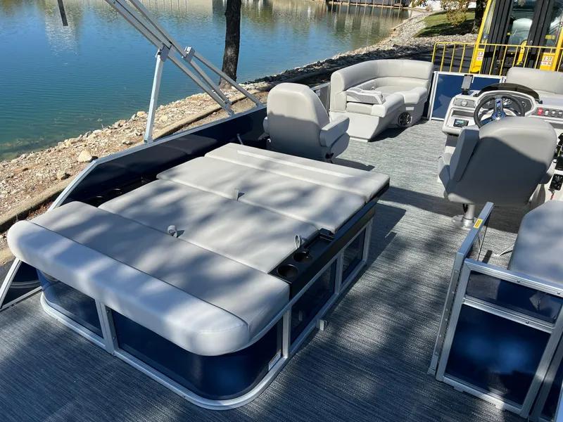 Slide: The Image of 2025 Godfrey Xperience 2286 SFL pontoon boat with spacious seating and modern design. - 19