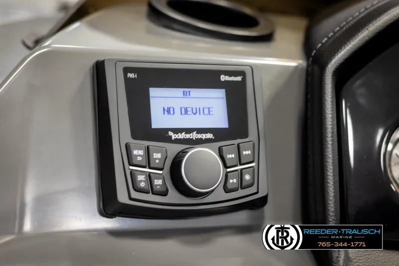 Slide: The Image of 2025 Bennington 188 SSSE boat dashboard with Rockford Fosgate Bluetooth stereo display. - 28