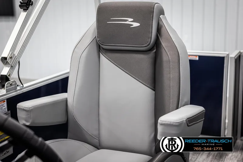 Slide: The Image of 2025 Bennington 188 SSSE boat seat, gray upholstery, armrests, and logo detail. - 32