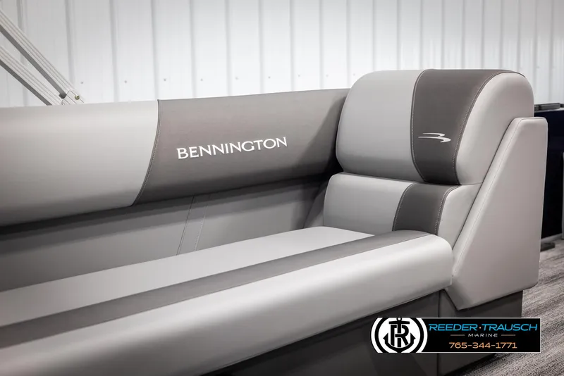 Slide: The Image of 2025 Bennington 188 SSSE boat seating in gray and white, featuring logo and stitching details. - 38