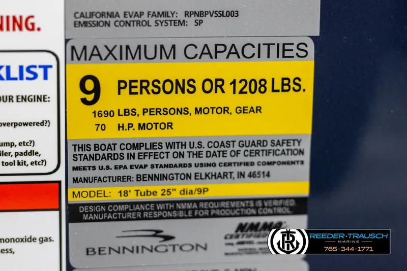 Slide: The Image of 2025 Bennington 188 SSSE capacity label: 9 persons, 1208 lbs, 70 HP motor. - 46
