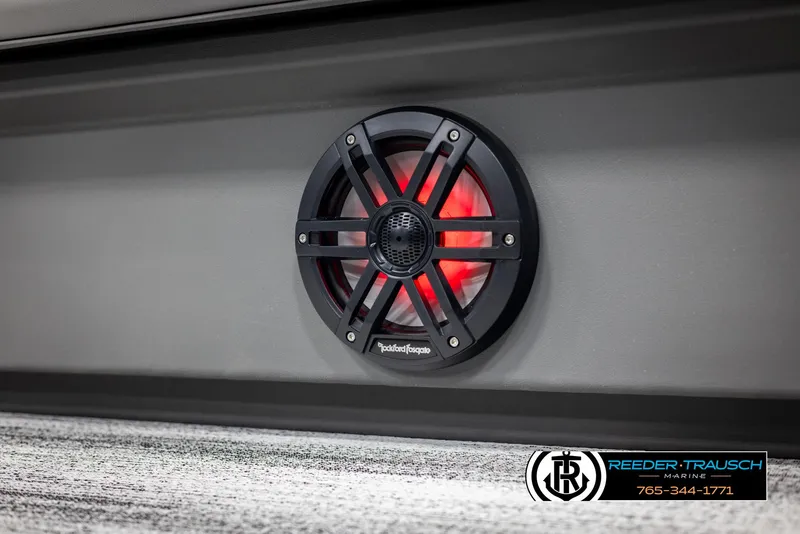 Slide: The Image of Speaker with red LED light on 2025 Bennington 21 SSRSE boat, Reeder-Trausch Marine branding. - 37