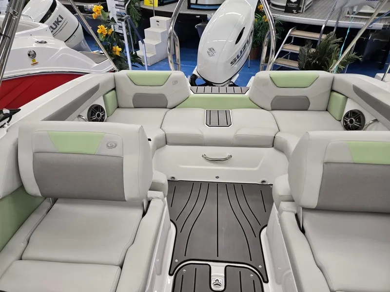 Slide: The Image of 2025 Hurricane SunDeck 2050 OB boat interior with spacious seating and modern design. - 7