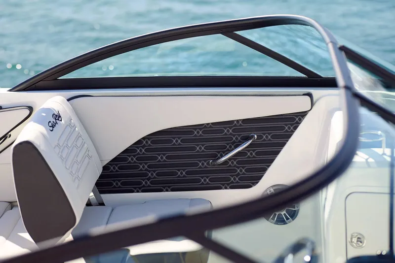 Slide: The Image of 2024 Sea Ray 210SPX boat interior with stylish seating and sleek design. - 14