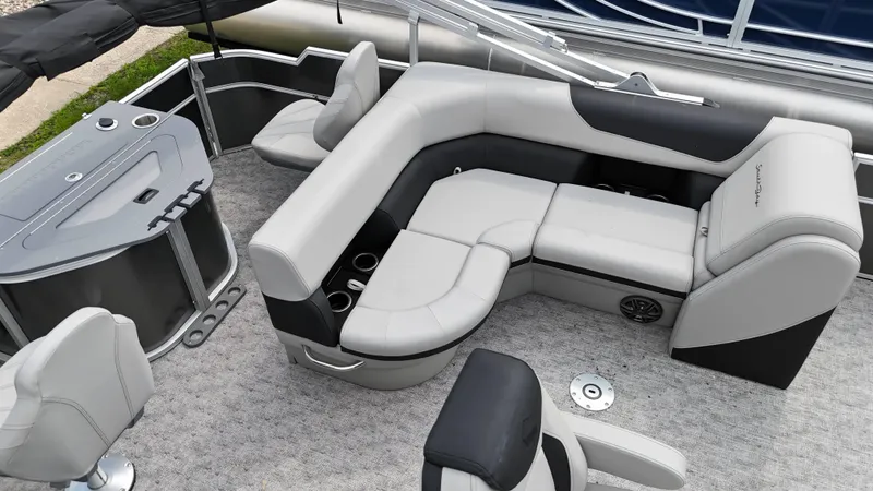 Slide: The Image of Luxurious seating on 2025 South Bay 220 F pontoon boat, featuring modern design and comfort. - 15