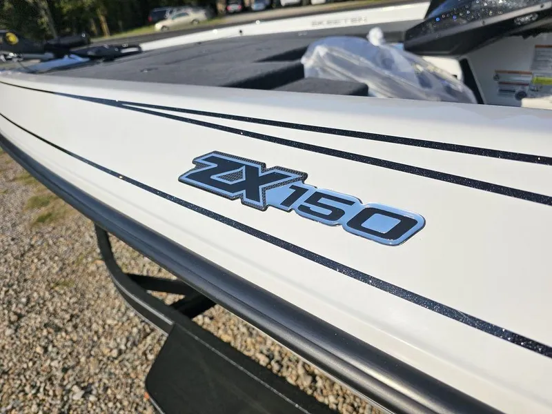 Slide: The Image of 2025 Skeeter ZX150 boat with sleek design and logo detail. - 4