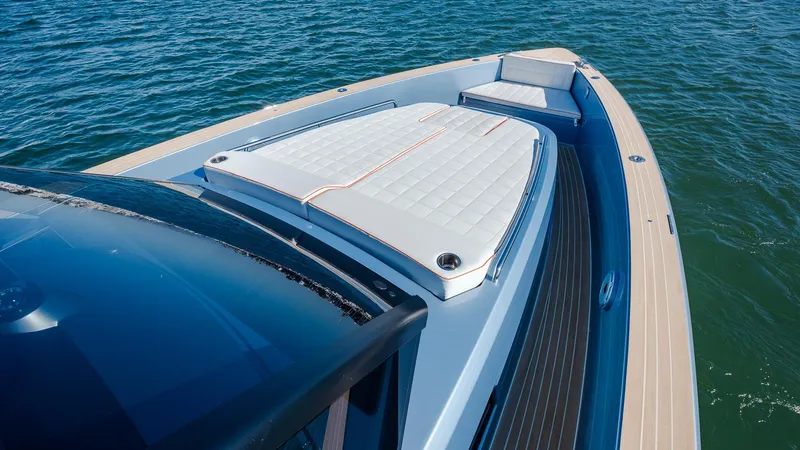 Slide: The Image of 2022 Pardo Yachts 43 luxury yacht with sleek deck design on open water. - 8