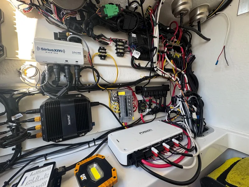 Slide: The Image of Cape Horn 39T 2023 boat wiring and electronics setup with Fusion audio system. - 18