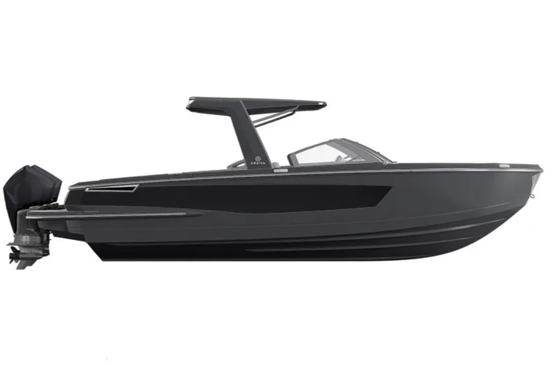 Slide: The Image of 2022 Aviara AV32 OB boat, sleek black design, side view. - 21