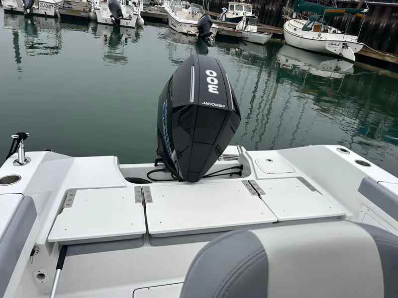 Slide: The Image of 2021 Release 240RX boat with 300 horsepower engine docked in marina. - 26