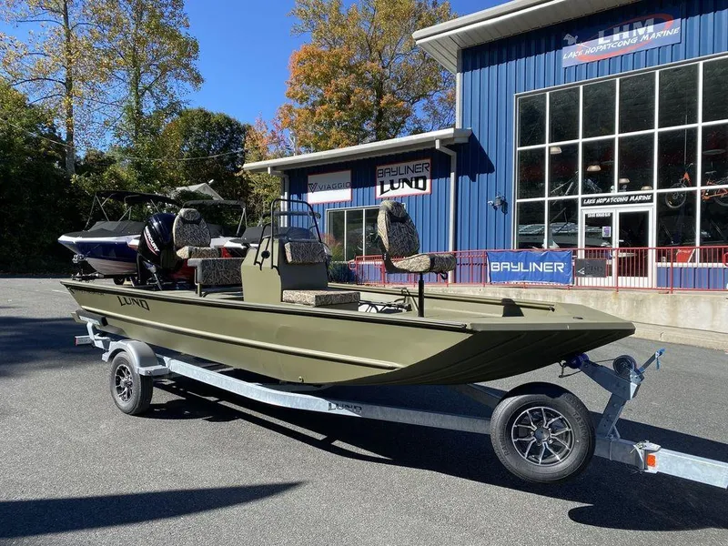 Slide: The Image of 2025 Lund 1870 Predator Z1870C Center Console boat on trailer, parked outside dealership. - 3