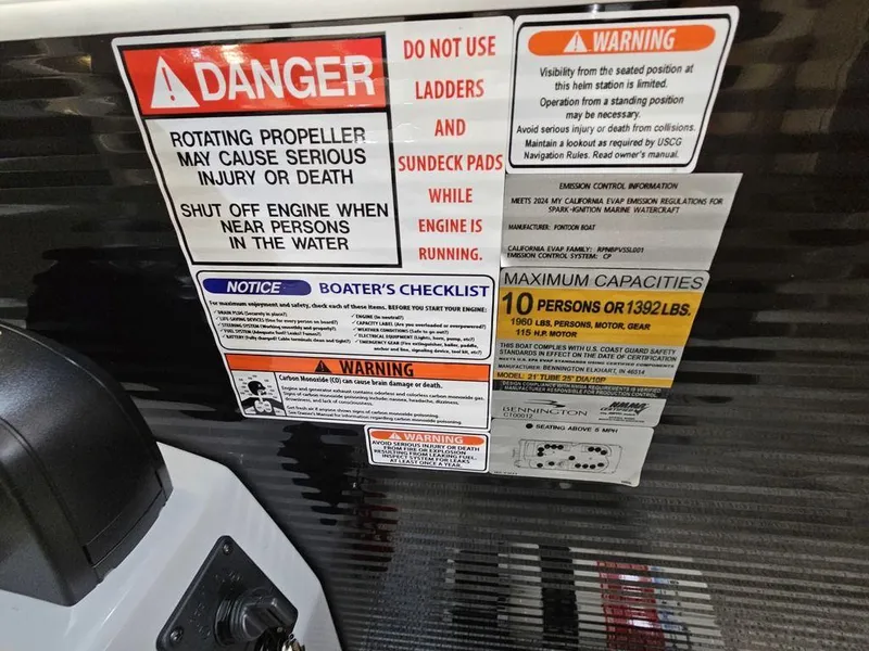 Slide: The Image of Safety warnings and capacity limits on a 2025 Bennington 22 SXL boat. - 11