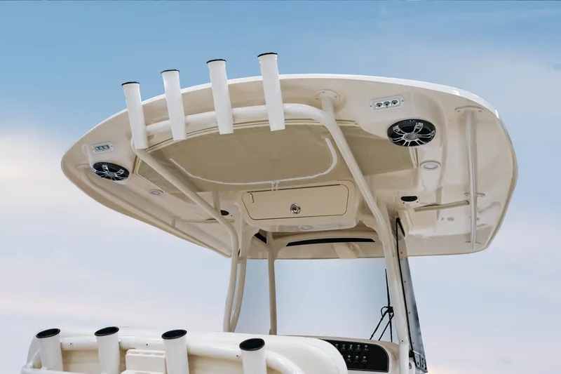 Slide: The Image of 2025 Grady-White Canyon 271 boat top view with rod holders and speakers. - 6