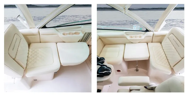 Slide: The Image of 2025 Grady-White 330 Express boat interior with luxurious seating and modern design. - 10