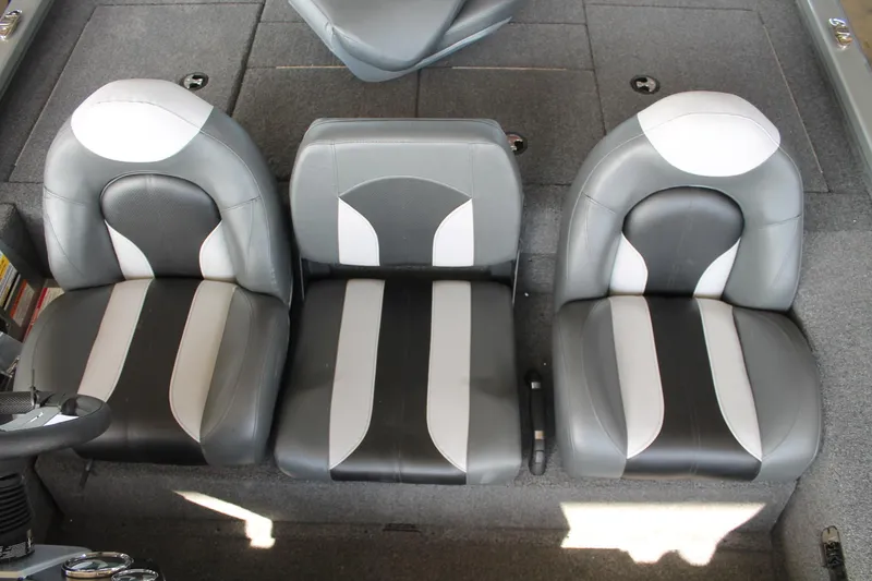 Slide: The Image of 2025 Vexus AVX1880 boat interior with three gray and white seats. - 9