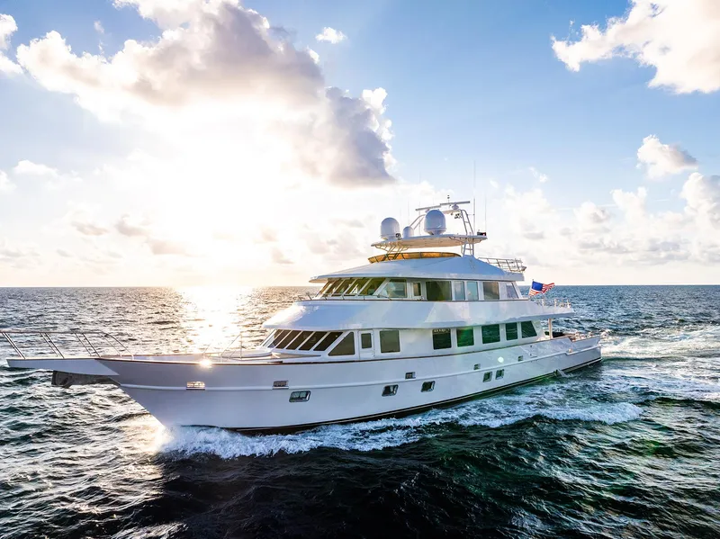 Slide: The Image of Luxurious Custom Crystal Motoryacht 2009 cruising on open sea at sunset. - 19