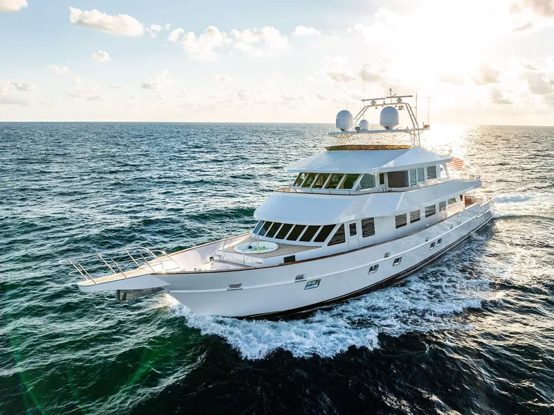 Slide: The Image of Luxurious Custom Crystal Motoryacht 2009 cruising on open sea at sunset. - 20