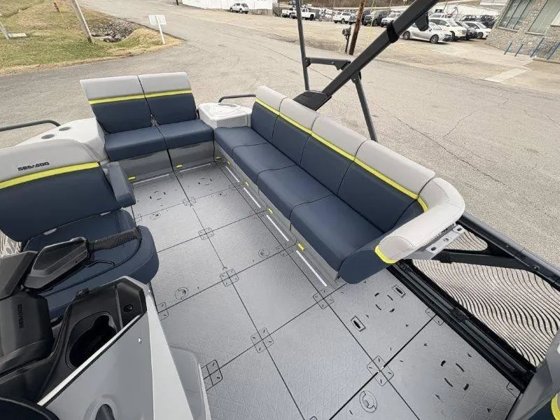 Slide: The Image of 2025 Sea-Doo Switch Cruise Limited 21' 230HP interior with spacious seating and modern design. - 45