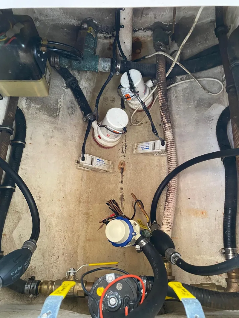 Slide: The Image of 2002 Intrepid 323 Cuddy bilge area with pumps and hoses. - 18
