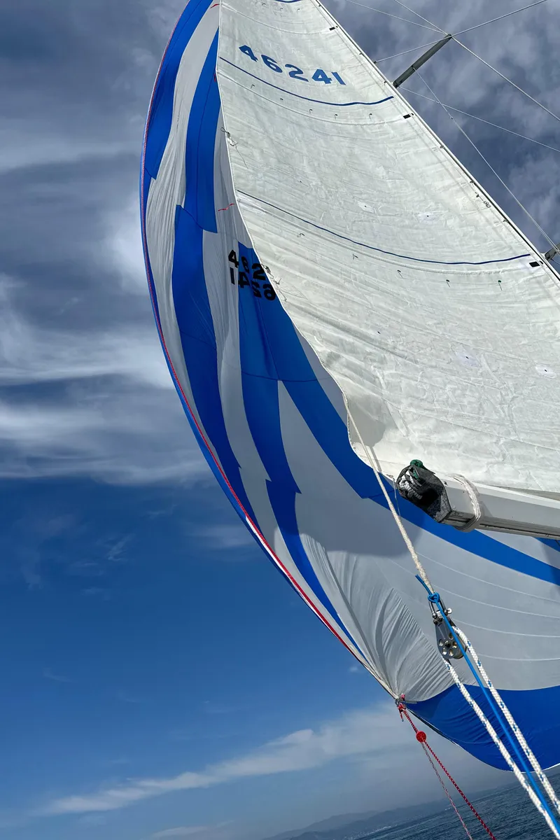 Slide: The Image of 1985 C&C 41 sailboat with blue and white sail on open sea. - 29