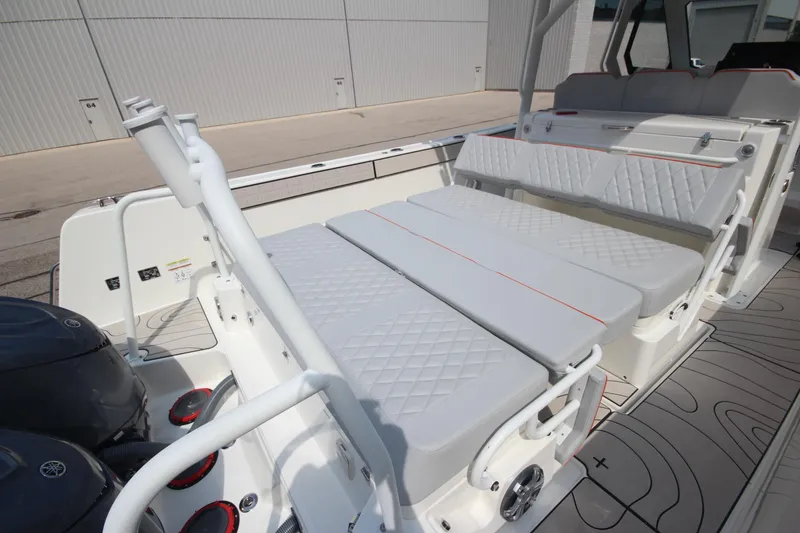 Slide: The Image of 2026 Zodiac X10CC boat with twin Yamaha F350XSA engines and joystick control, featuring cushioned seating. - 42