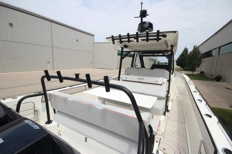 Slide: The Image of 2025 Zodiac X10CC boat with twin Mercury 400 engines and joystick control. - 7