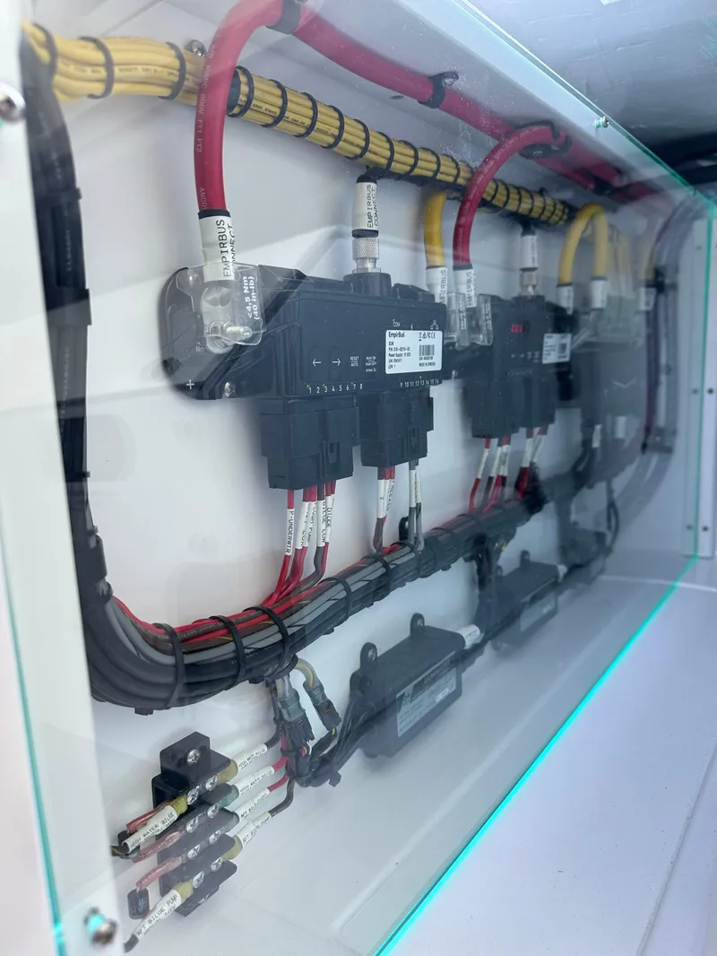 Slide: The Image of Electrical wiring panel in a 2025 Mag Bay 38 Center Console boat. - 44
