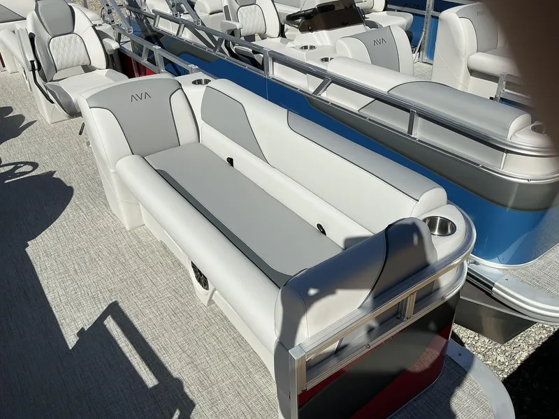 Slide: The Image of 2025 Avalon Venture 23 FT Quad Lounger with sleek gray seating and modern design. - 4