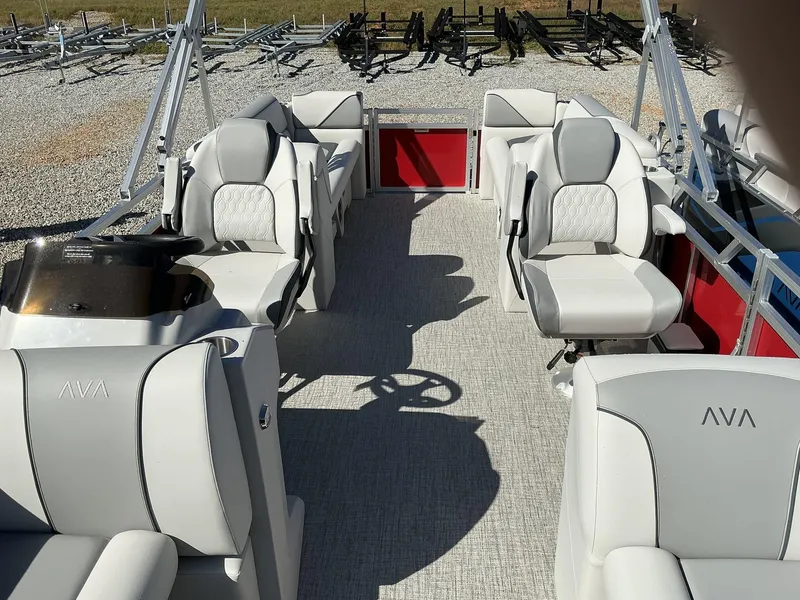 Slide: The Image of 2025 Avalon Venture 23 FT Quad Lounger interior with plush seating and modern design. - 5