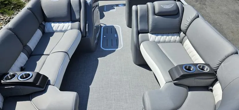 Slide: The Image of 2025 Bennington 23 RSB boat interior with luxurious gray seating and cup holders. - 13